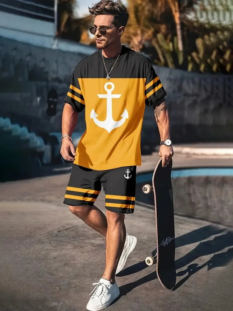 Mens Anchor Pattern 2 Piece Set Men T-shirt + Trousers Suit Casual Short Tracksuit Vintage Outfit Sportswear Male Clothing