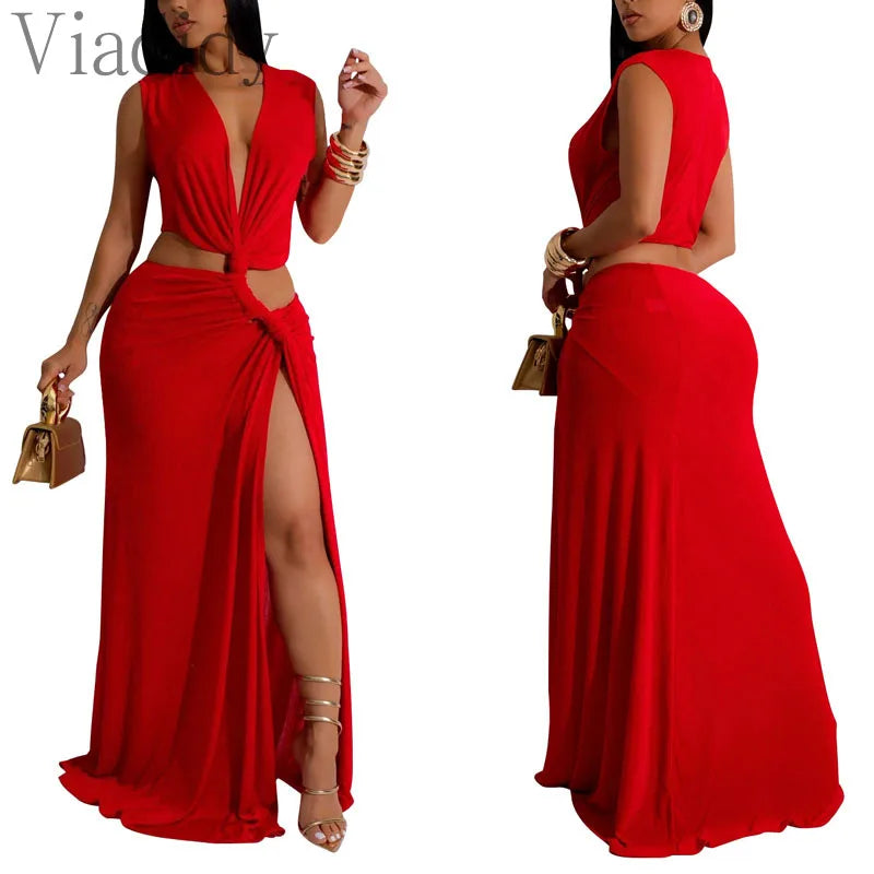 Women Sexy Solid Color Deep V Neck Sleeveless Hollow Out Irregular Floor-length Dress