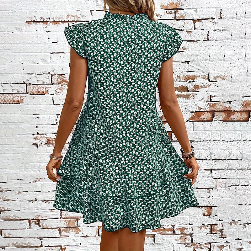 Dress 2024 No rules print design summer casual slim-fit lotus sleeve fashion women's V-neck dress army green dress standard code