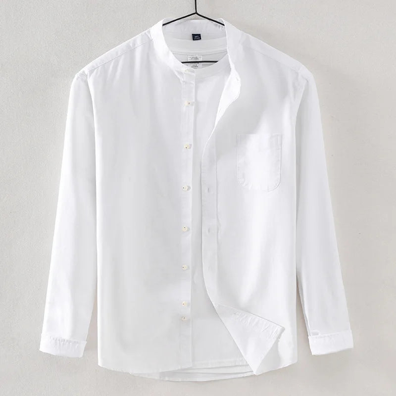 Spring and Autumn New Pure Cotton Stand Collar Oxford Spun Long Sleeve Shirt Japanese Casual No-Iron Fashion Men's Clothing