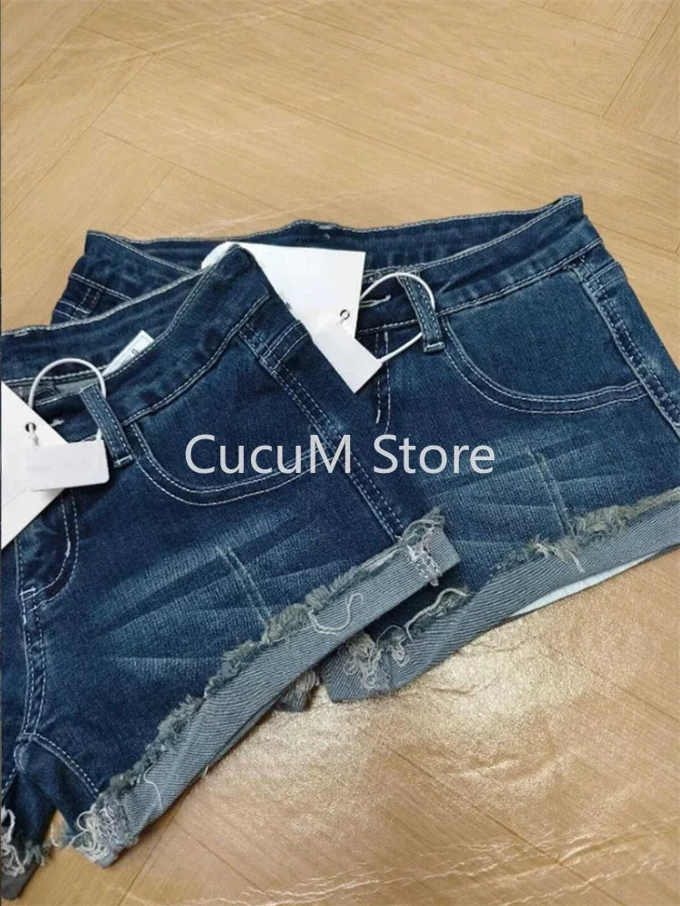 Women's Tassel Denim Shorts Streetwear Low Waist Mini Jeans Shorts 2000s Vintage Y2k Cowboy Short Pants Harajuku Clothes