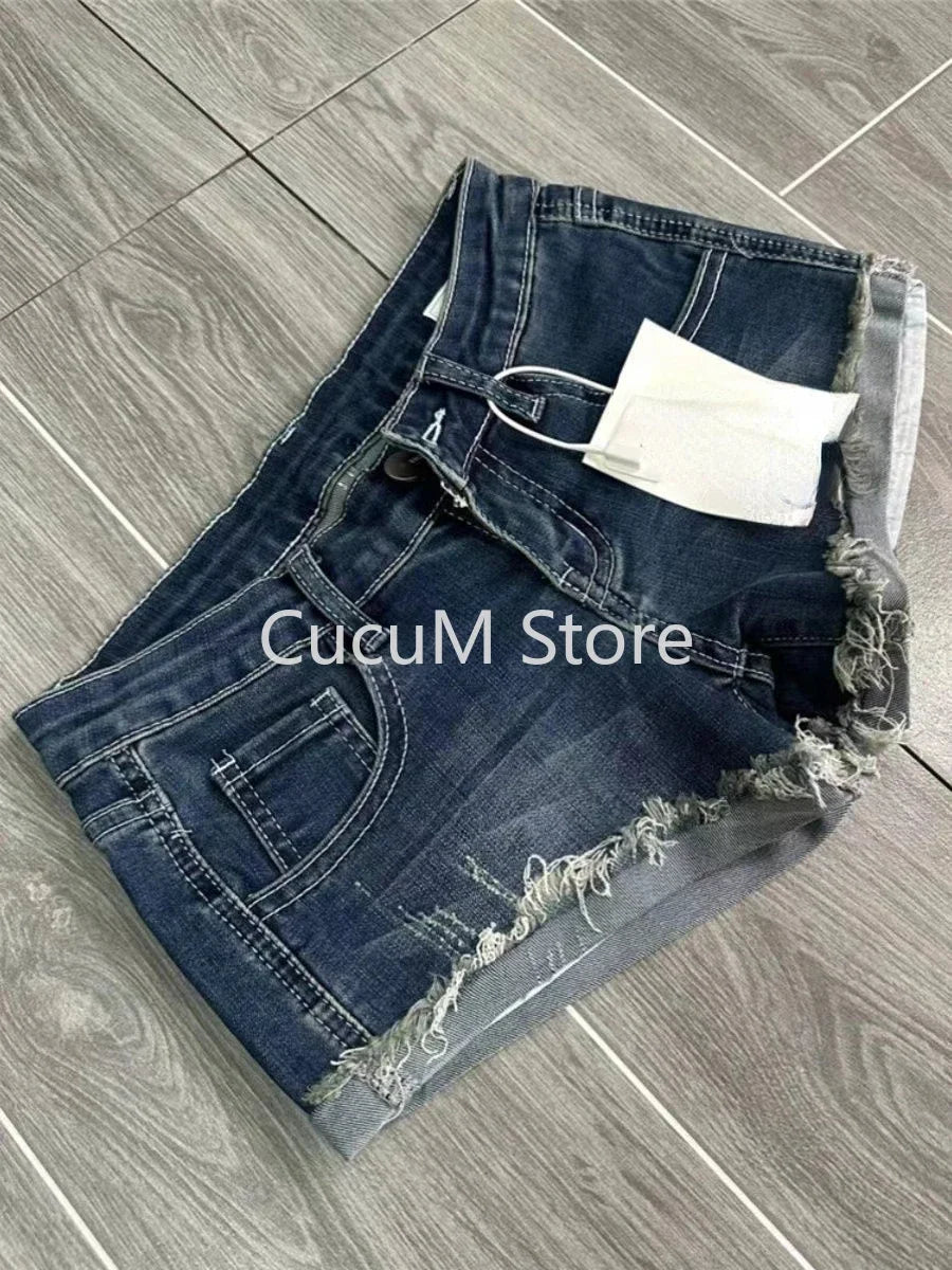 Women's Tassel Denim Shorts Streetwear Low Waist Mini Jeans Shorts 2000s Vintage Y2k Cowboy Short Pants Harajuku Clothes