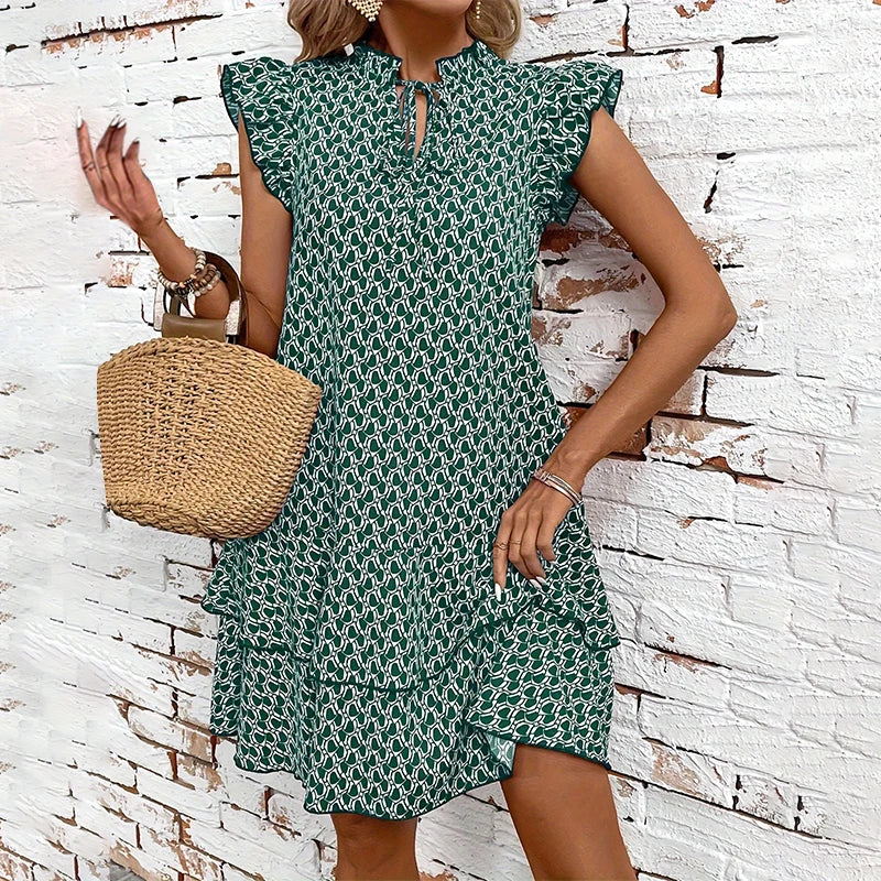 Dress 2024 No rules print design summer casual slim-fit lotus sleeve fashion women's V-neck dress army green dress standard code