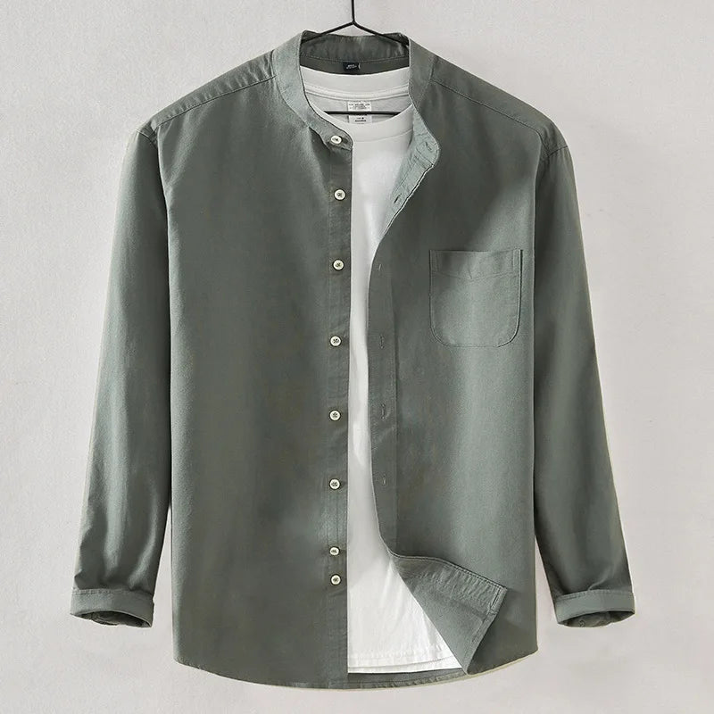 Spring and Autumn New Pure Cotton Stand Collar Oxford Spun Long Sleeve Shirt Japanese Casual No-Iron Fashion Men's Clothing