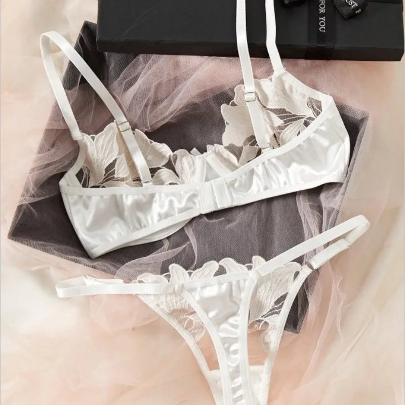 Sexy Lingerie Woman Lace Transparent Underwear Embroidery Brief Set Bra Kit Push Up Breves Sets Thin Erotic Bras New