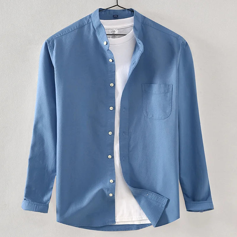 Spring and Autumn New Pure Cotton Stand Collar Oxford Spun Long Sleeve Shirt Japanese Casual No-Iron Fashion Men's Clothing
