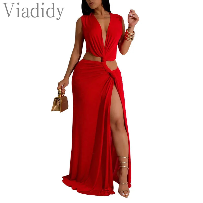 Women Sexy Solid Color Deep V Neck Sleeveless Hollow Out Irregular Floor-length Dress