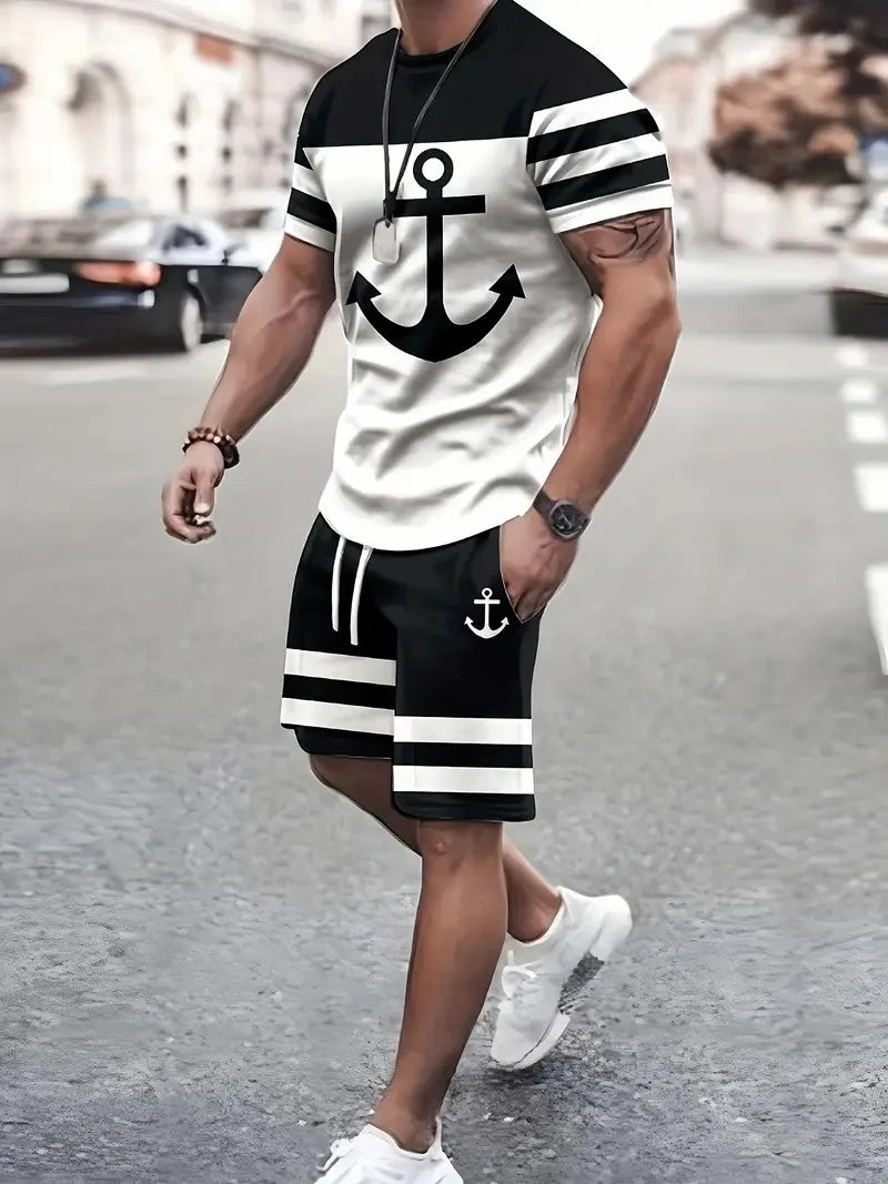 Mens Anchor Pattern 2 Piece Set Men T-shirt + Trousers Suit Casual Short Tracksuit Vintage Outfit Sportswear Male Clothing