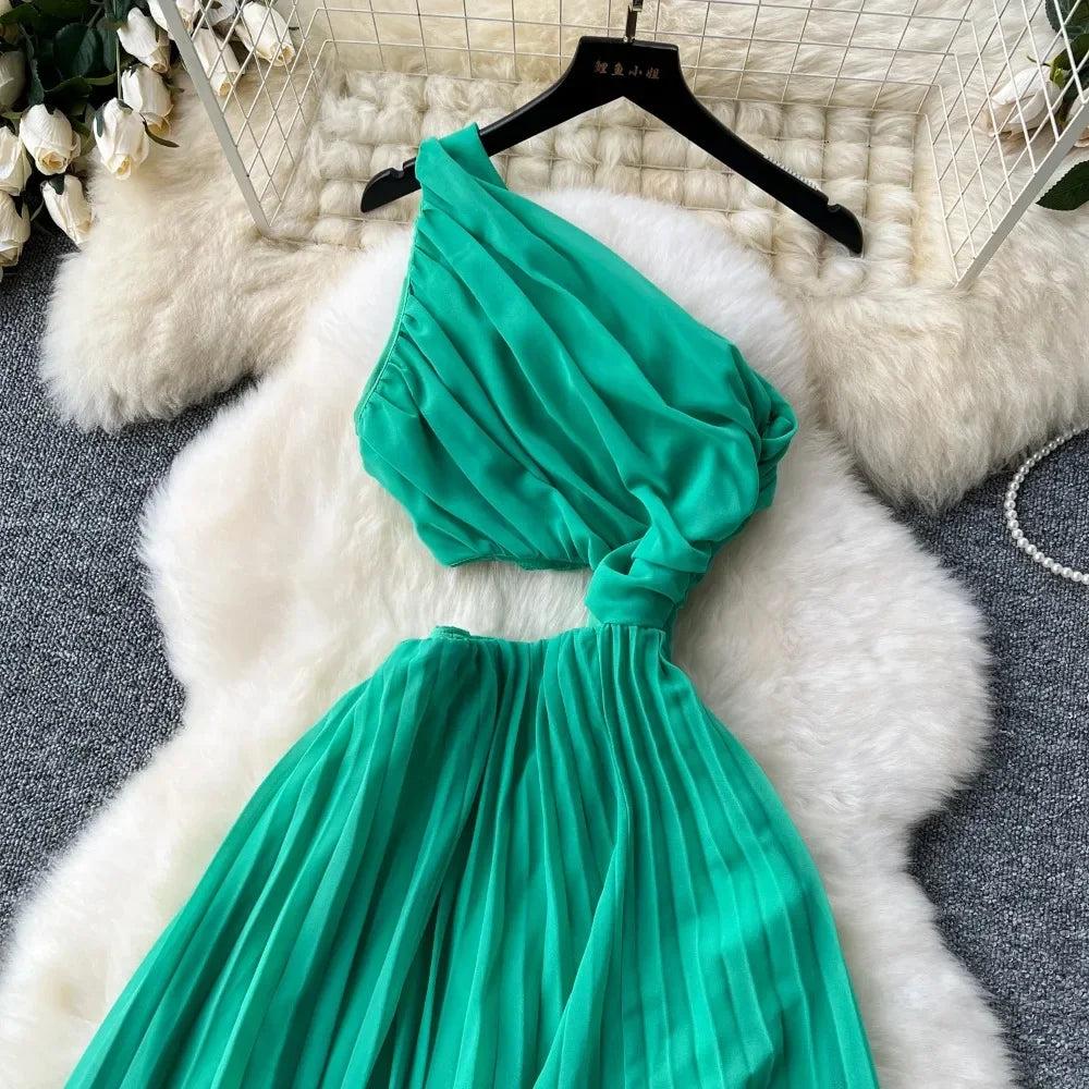 Chic Elegant Hollow Out Pleated Off Shoulder Off Waist Split Dress Vacation Diagonal Collar Women Ceremonial Vestidos Dresses