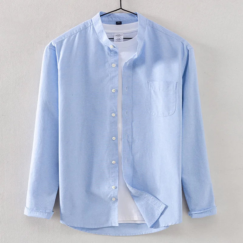 Spring and Autumn New Pure Cotton Stand Collar Oxford Spun Long Sleeve Shirt Japanese Casual No-Iron Fashion Men's Clothing