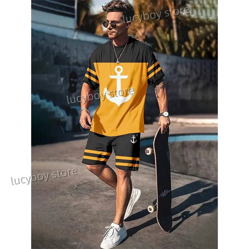 Mens Anchor Pattern 2 Piece Set Men T-shirt + Trousers Suit Casual Short Tracksuit Vintage Outfit Sportswear Male Clothing
