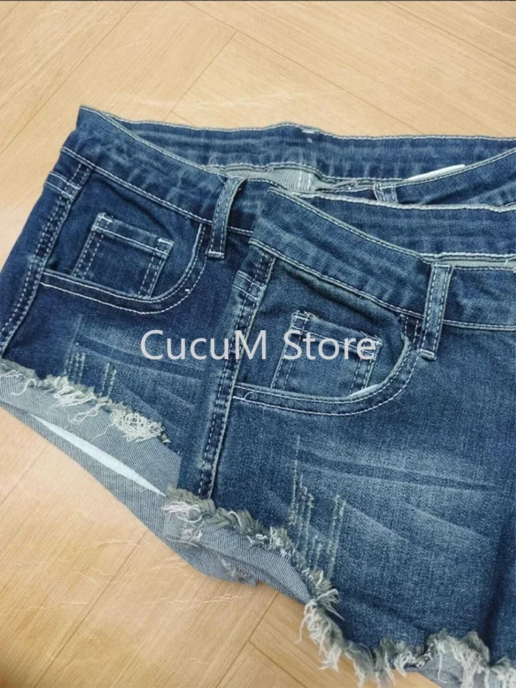Women's Tassel Denim Shorts Streetwear Low Waist Mini Jeans Shorts 2000s Vintage Y2k Cowboy Short Pants Harajuku Clothes