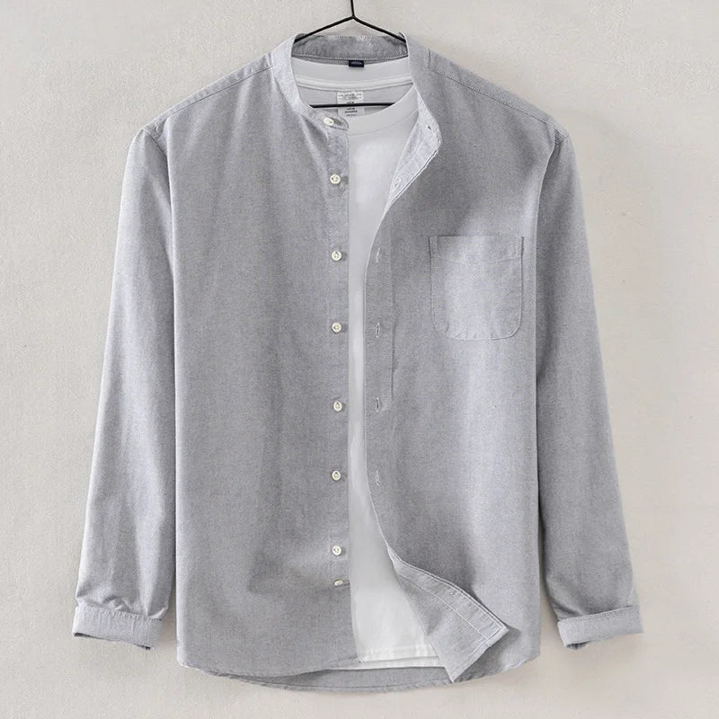 Spring and Autumn New Pure Cotton Stand Collar Oxford Spun Long Sleeve Shirt Japanese Casual No-Iron Fashion Men's Clothing