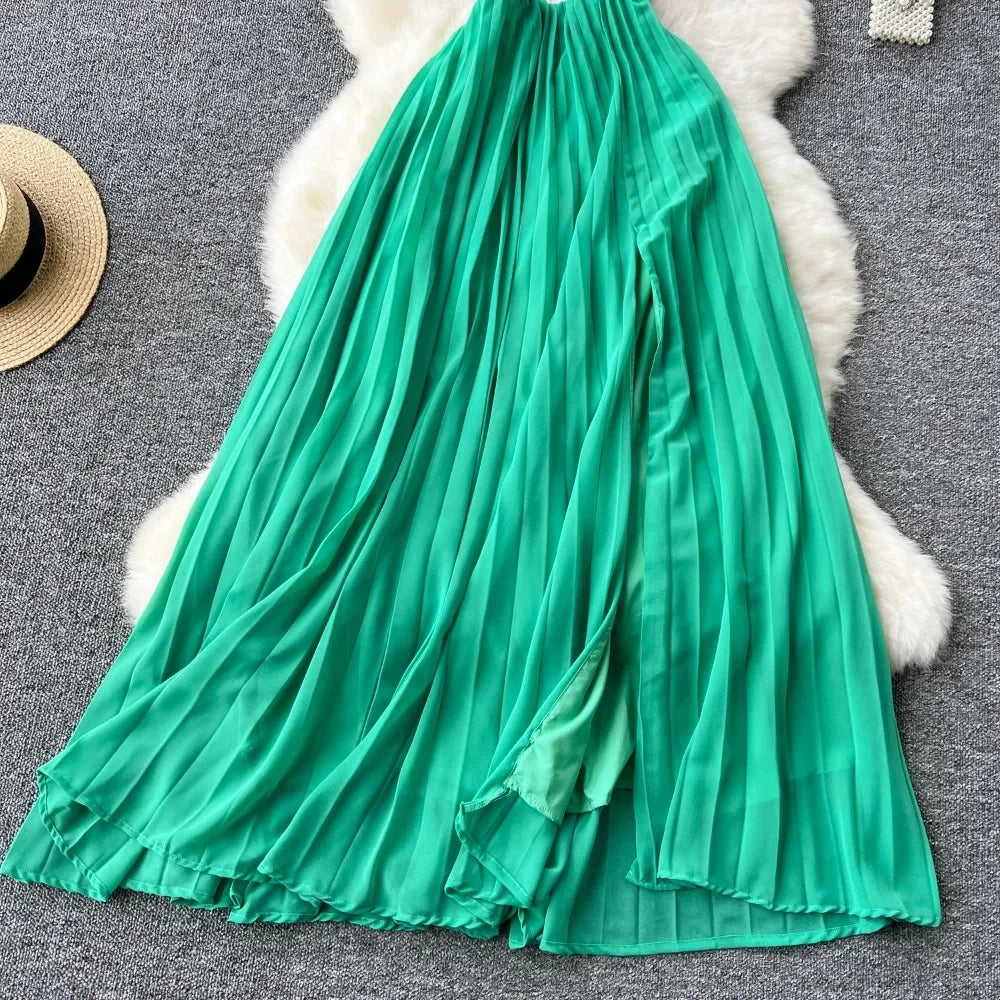 Chic Elegant Hollow Out Pleated Off Shoulder Off Waist Split Dress Vacation Diagonal Collar Women Ceremonial Vestidos Dresses