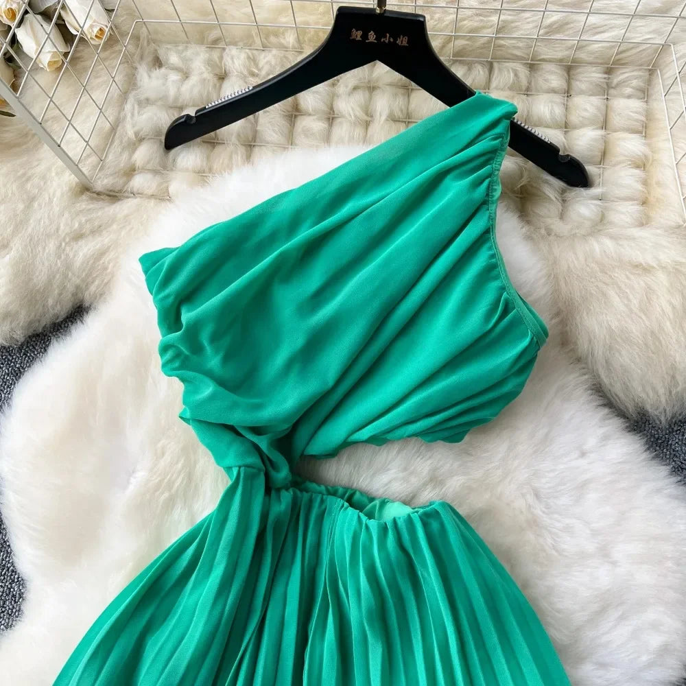 Chic Elegant Hollow Out Pleated Off Shoulder Off Waist Split Dress Vacation Diagonal Collar Women Ceremonial Vestidos Dresses
