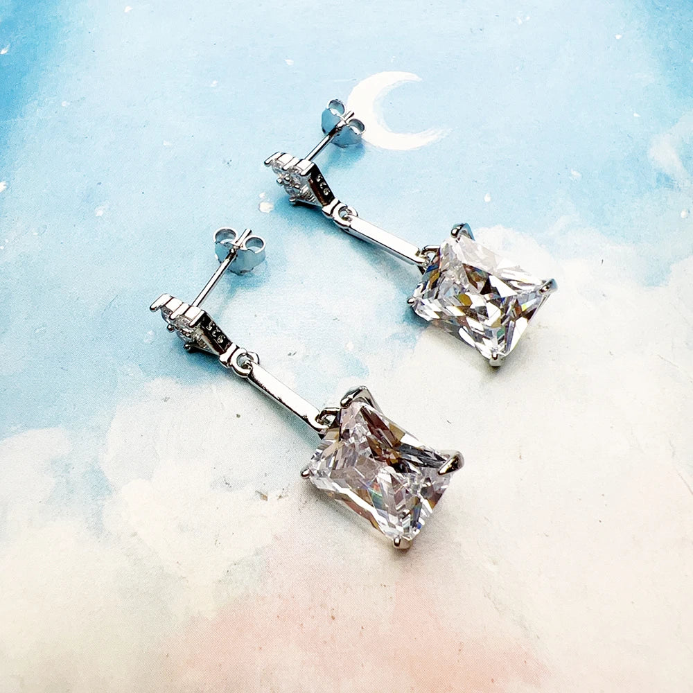 Dangle Earrings White Octagon-Cut Zirconia Fine Jewelry For Women Summer Brand New Real Sterling Silver 925 Romantic Gift
