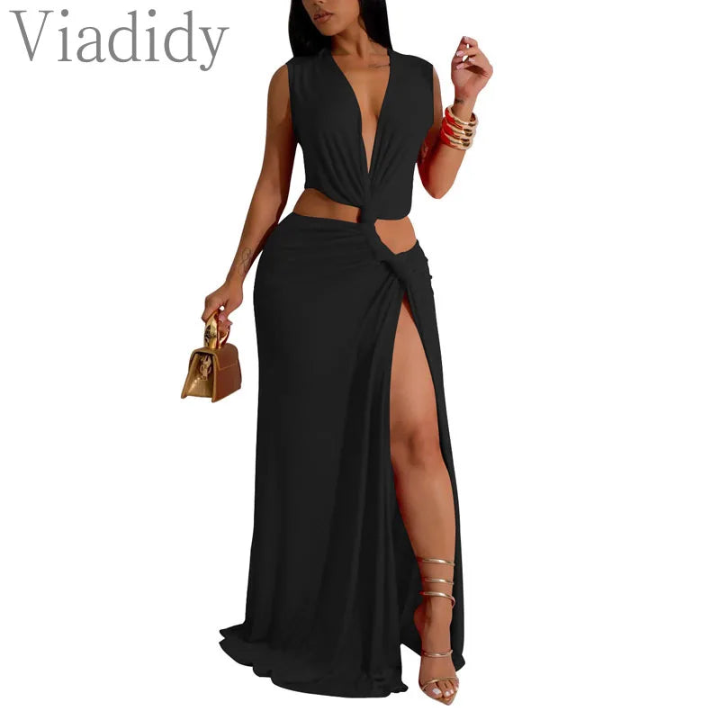 Women Sexy Solid Color Deep V Neck Sleeveless Hollow Out Irregular Floor-length Dress