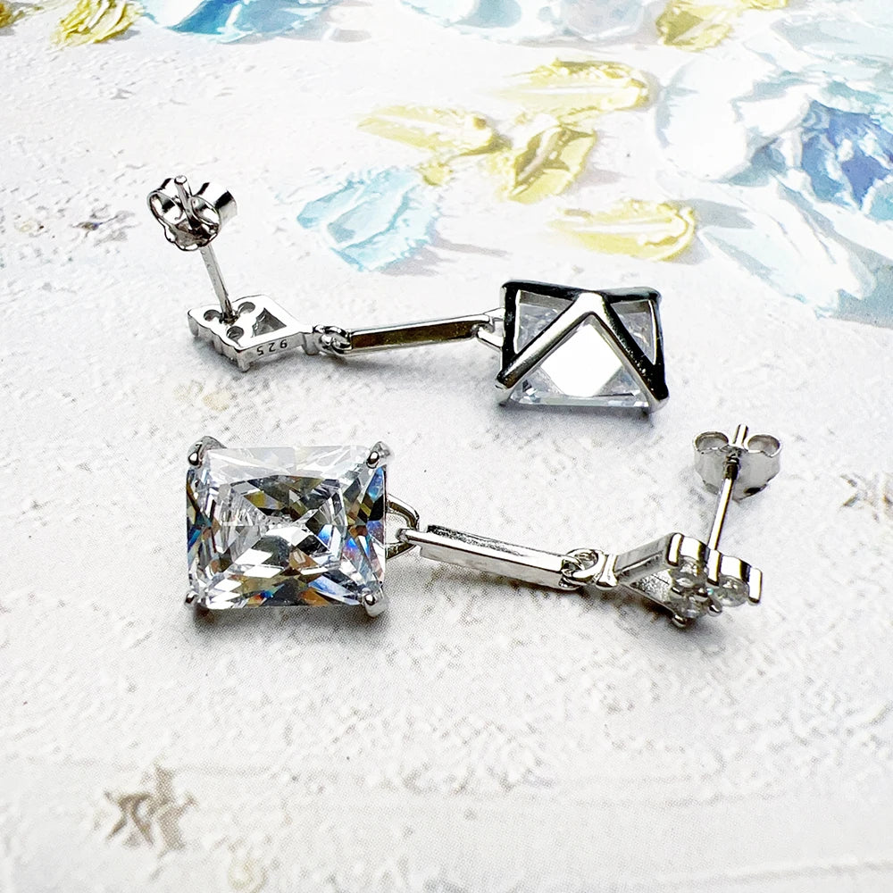 Dangle Earrings White Octagon-Cut Zirconia Fine Jewelry For Women Summer Brand New Real Sterling Silver 925 Romantic Gift