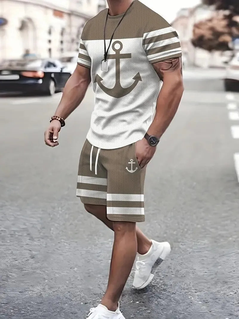 Mens Anchor Pattern 2 Piece Set Men T-shirt + Trousers Suit Casual Short Tracksuit Vintage Outfit Sportswear Male Clothing
