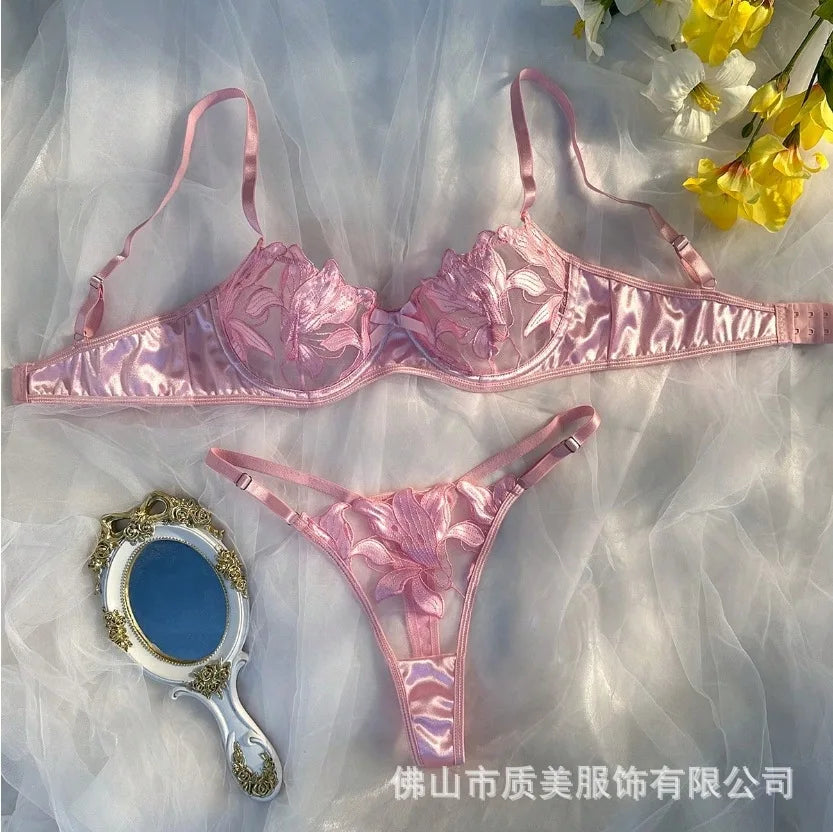 Sexy Lingerie Woman Lace Transparent Underwear Embroidery Brief Set Bra Kit Push Up Breves Sets Thin Erotic Bras New