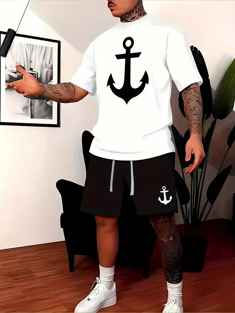 Mens Anchor Pattern 2 Piece Set Men T-shirt + Trousers Suit Casual Short Tracksuit Vintage Outfit Sportswear Male Clothing