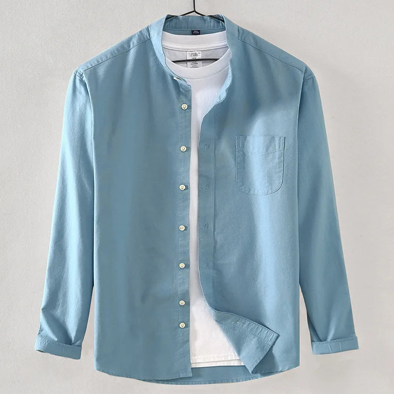 Spring and Autumn New Pure Cotton Stand Collar Oxford Spun Long Sleeve Shirt Japanese Casual No-Iron Fashion Men's Clothing