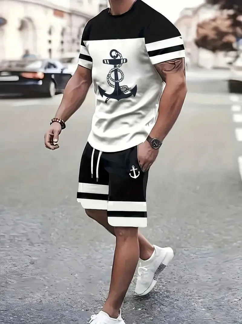Mens Anchor Pattern 2 Piece Set Men T-shirt + Trousers Suit Casual Short Tracksuit Vintage Outfit Sportswear Male Clothing
