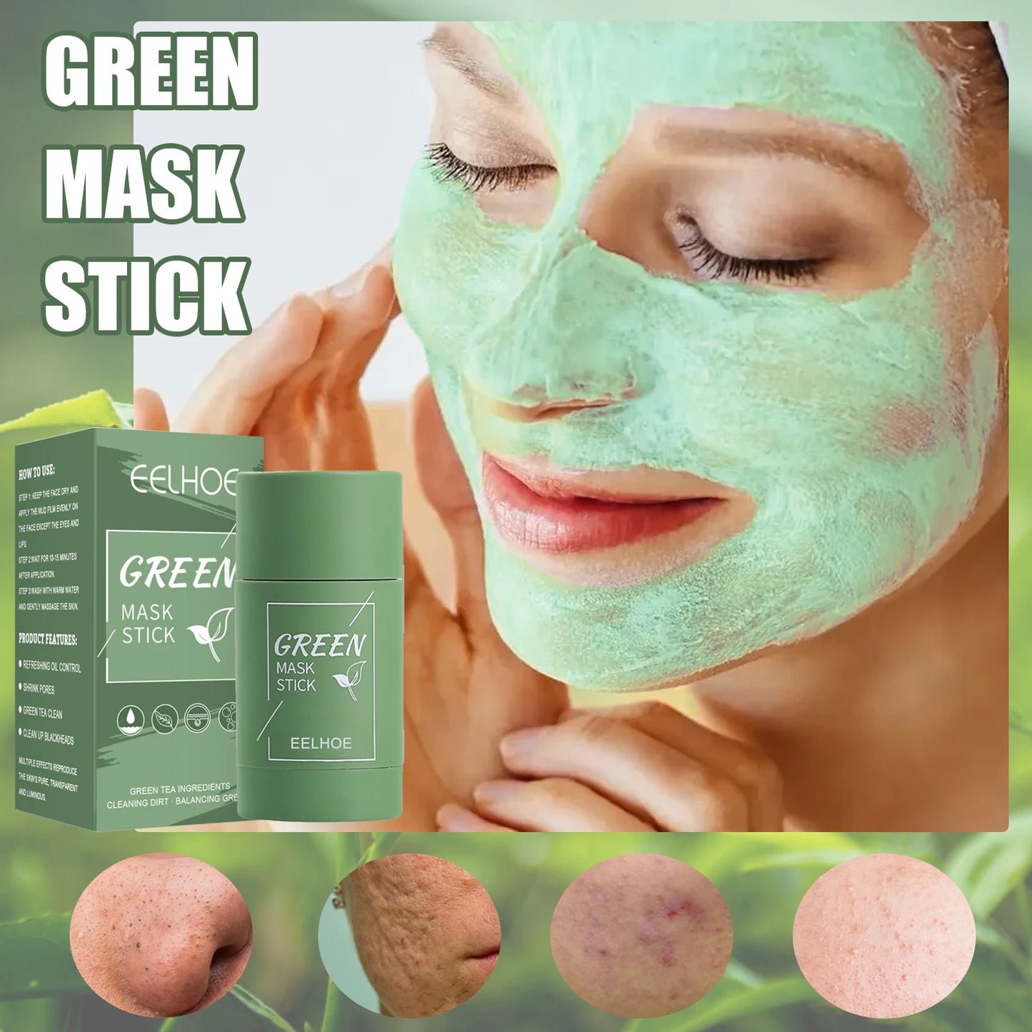 Green Tea Solid Mask Face Clean Mask Stick Shrink Pores Deep Cleans Acne Blackhead Remover Facial Cleansing Moisturizing Mask