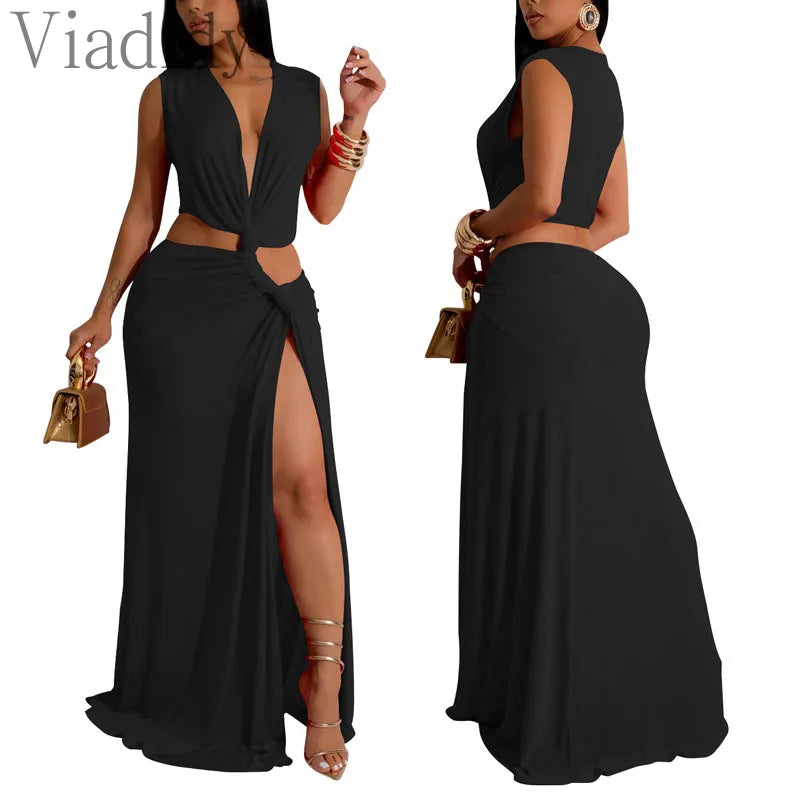 Women Sexy Solid Color Deep V Neck Sleeveless Hollow Out Irregular Floor-length Dress