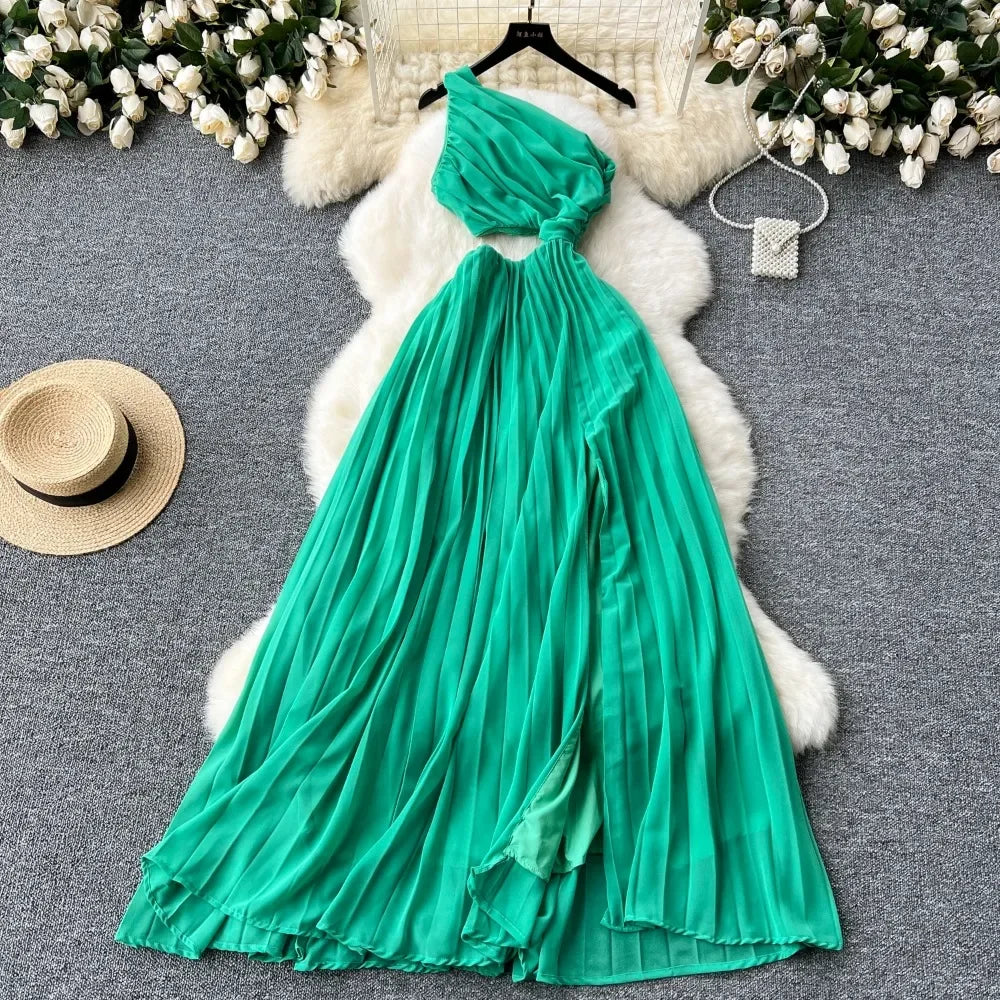 Chic Elegant Hollow Out Pleated Off Shoulder Off Waist Split Dress Vacation Diagonal Collar Women Ceremonial Vestidos Dresses