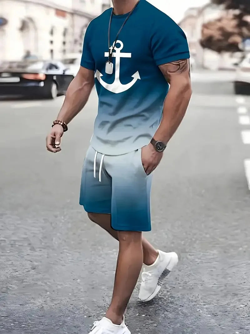 Mens Anchor Pattern 2 Piece Set Men T-shirt + Trousers Suit Casual Short Tracksuit Vintage Outfit Sportswear Male Clothing