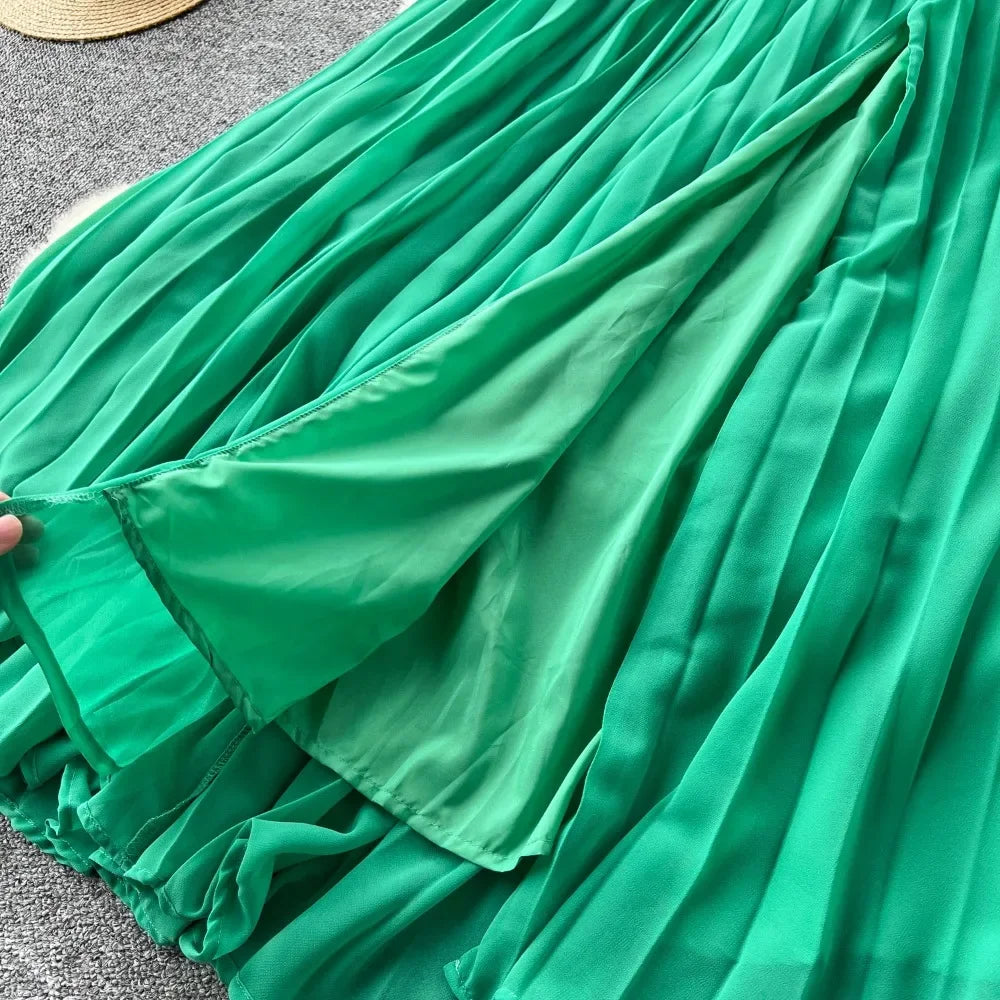 Chic Elegant Hollow Out Pleated Off Shoulder Off Waist Split Dress Vacation Diagonal Collar Women Ceremonial Vestidos Dresses
