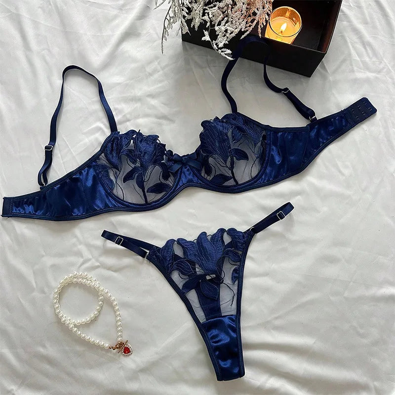 Sexy Lingerie Woman Lace Transparent Underwear Embroidery Brief Set Bra Kit Push Up Breves Sets Thin Erotic Bras New