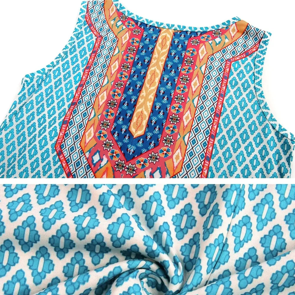 Summer Women's Sleeveless Plus Size 5XL Women's Long Skirt Boho Round Geometric Print Fashionable and Comfortable Tank Top Dress