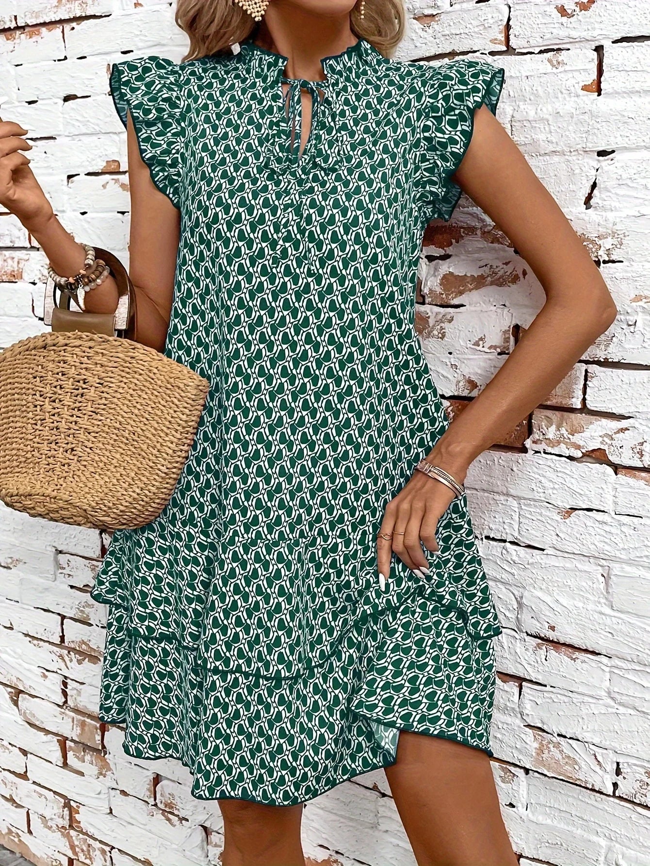 Dress 2024 No rules print design summer casual slim-fit lotus sleeve fashion women's V-neck dress army green dress standard code