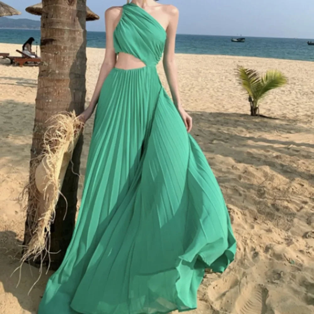 Chic Elegant Hollow Out Pleated Off Shoulder Off Waist Split Dress Vacation Diagonal Collar Women Ceremonial Vestidos Dresses