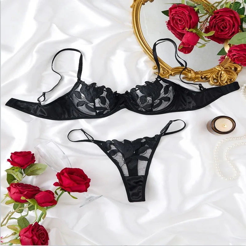 Sexy Lingerie Woman Lace Transparent Underwear Embroidery Brief Set Bra Kit Push Up Breves Sets Thin Erotic Bras New