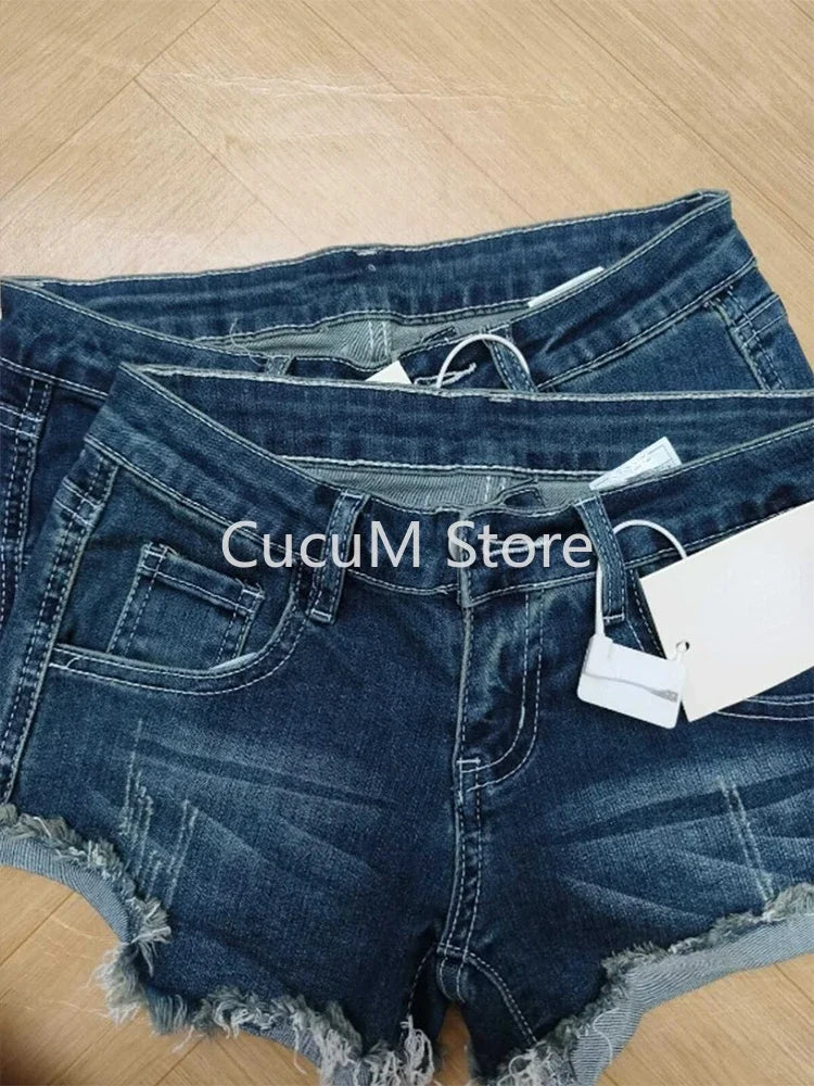 Women's Tassel Denim Shorts Streetwear Low Waist Mini Jeans Shorts 2000s Vintage Y2k Cowboy Short Pants Harajuku Clothes
