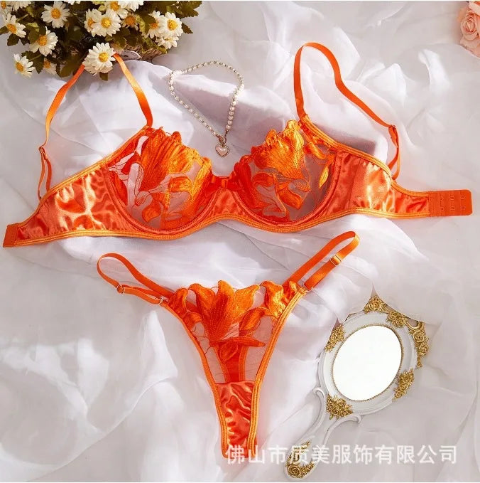 Sexy Lingerie Woman Lace Transparent Underwear Embroidery Brief Set Bra Kit Push Up Breves Sets Thin Erotic Bras New