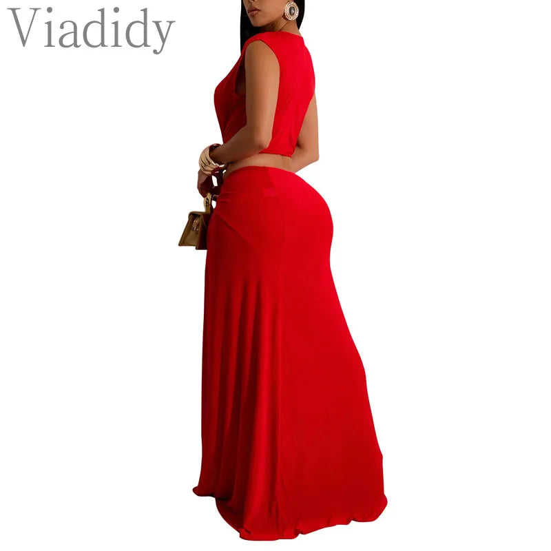 Women Sexy Solid Color Deep V Neck Sleeveless Hollow Out Irregular Floor-length Dress