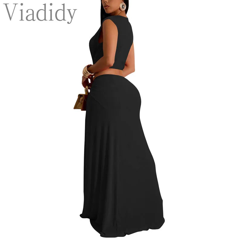 Women Sexy Solid Color Deep V Neck Sleeveless Hollow Out Irregular Floor-length Dress
