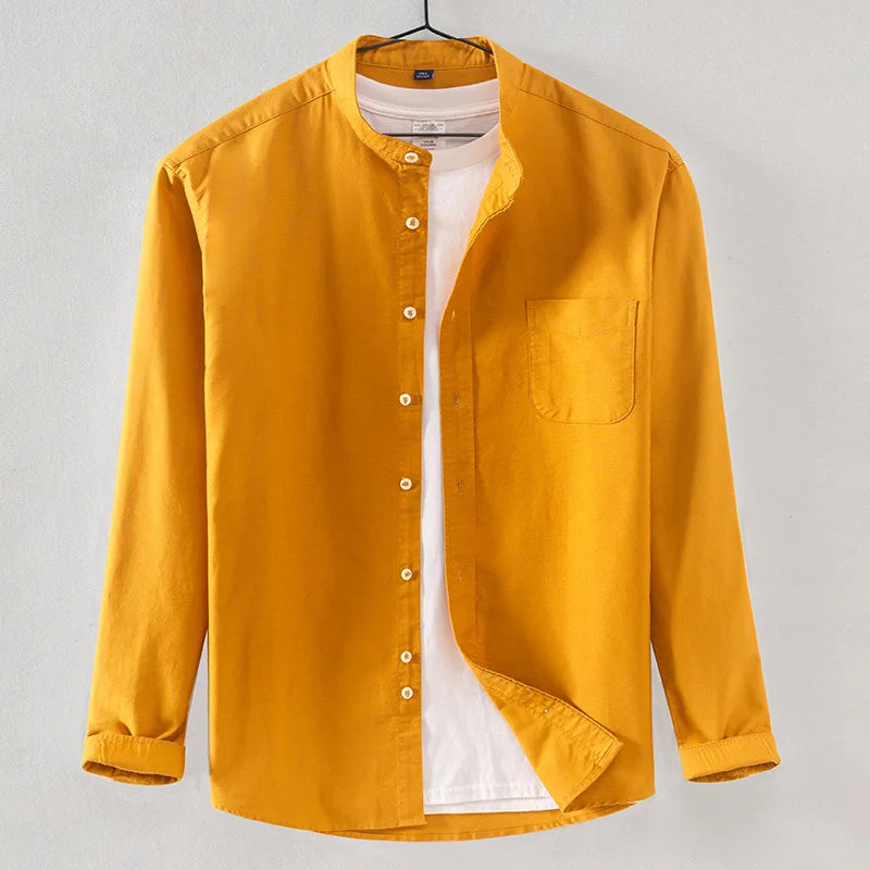 Spring and Autumn New Pure Cotton Stand Collar Oxford Spun Long Sleeve Shirt Japanese Casual No-Iron Fashion Men's Clothing