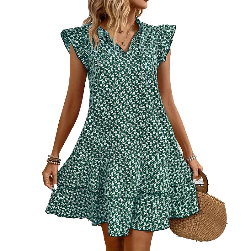 Dress 2024 No rules print design summer casual slim-fit lotus sleeve fashion women's V-neck dress army green dress standard code