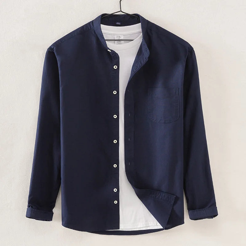 Spring and Autumn New Pure Cotton Stand Collar Oxford Spun Long Sleeve Shirt Japanese Casual No-Iron Fashion Men's Clothing