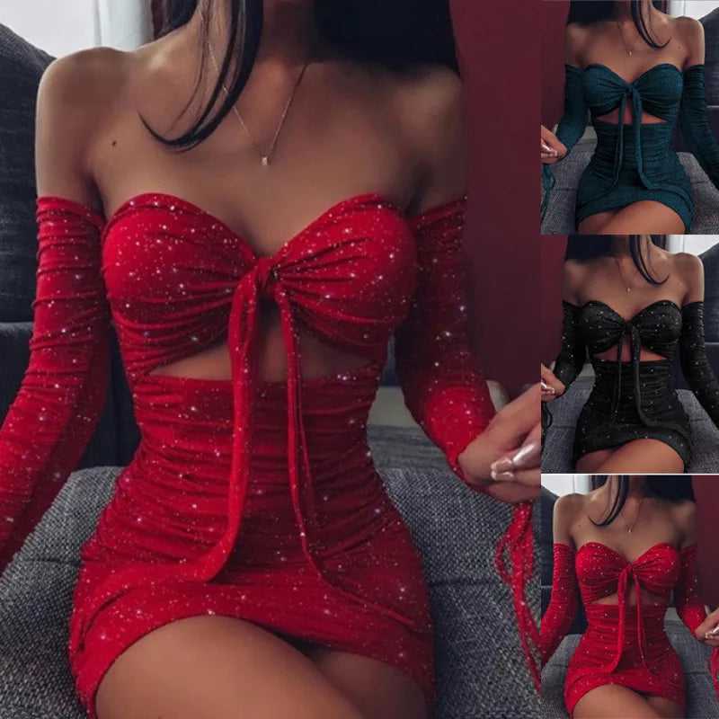Sexy Women's Spring/Summer Long Sleeved Bright Crystal Bra Lace Hollow Mini Dress Elegant Red Long Sleeved Slim Fit Vestidos 3XL