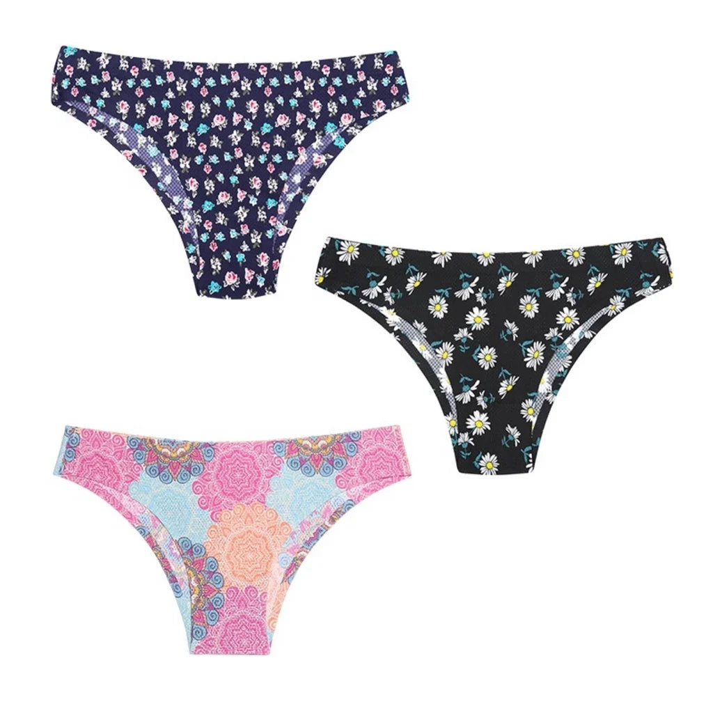 3PCS Ice Silk panties Ultra thin Seamless Underwear Soft Breathable Sexy lingerie Printing Briefs Women XS-L