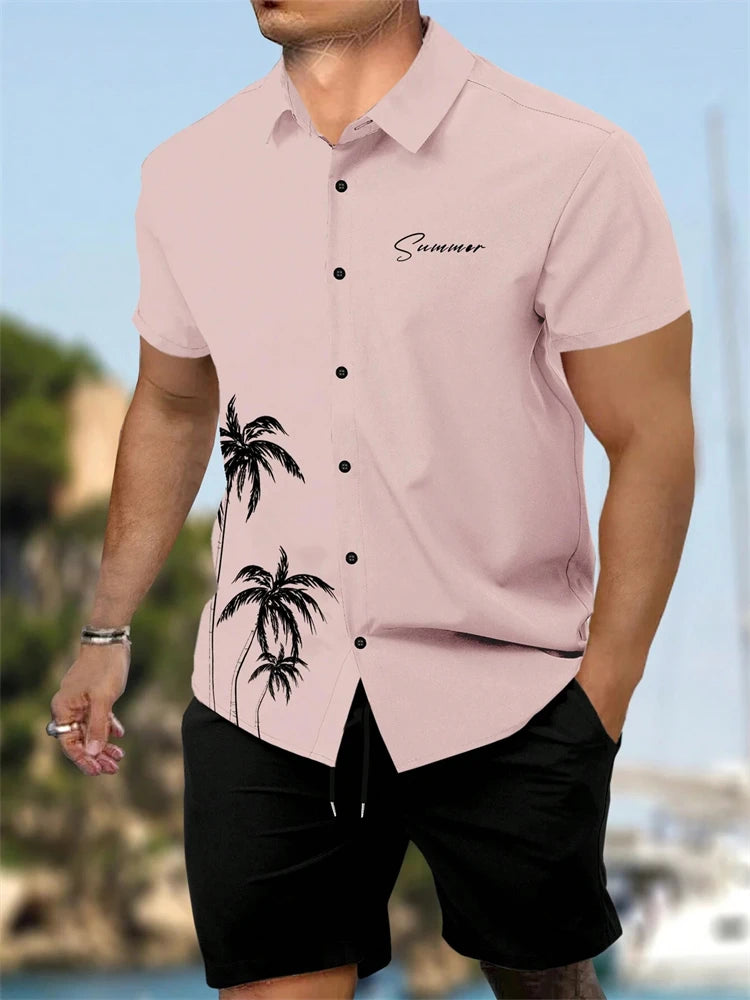 Summer New Men's Short Sleeve Shirt and Shorts 2 Piece Set Fashion Coconut Tree Print Lapel Shirt Beach Drawstring Shorts Set