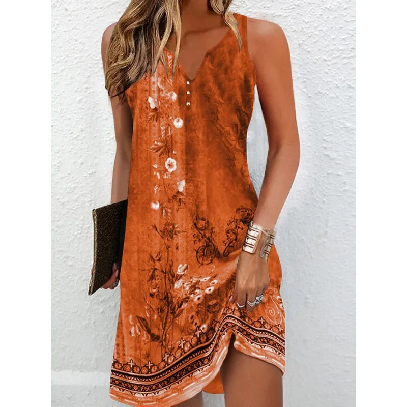 Women's Dresses 2023 Summer Vintage Flower Print Stitching V Neck Mini Dress Bohomian Sleeveless Button Plus Size Vestidos