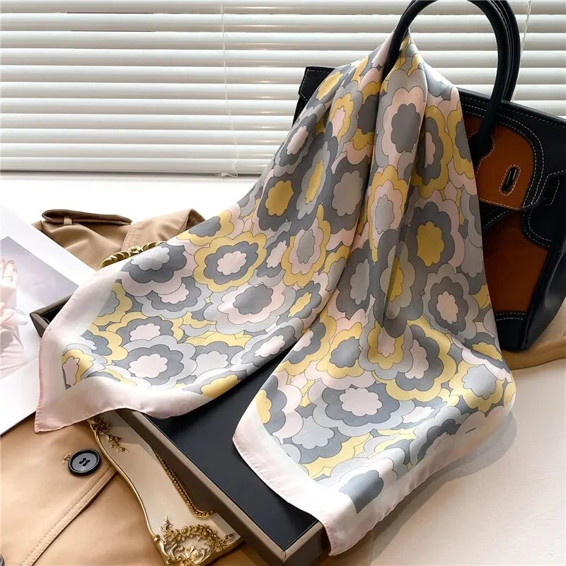 Luxury Print Silk Feeling Square Scarf Women Spring Neck Tie Shawl Wraps Female 70cm Hair Hand Wrist Headkercheif Hijab Bandana