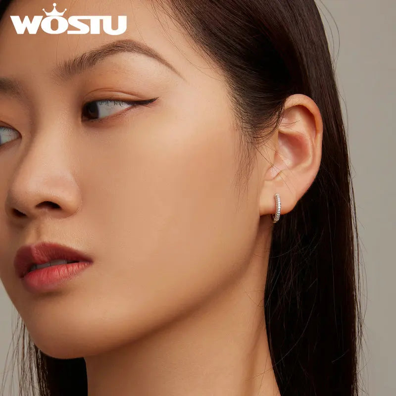 WOSTU 925 Sterling Silver European Simple CZ Ear Buckles Heart Hoop Earrings for Women Wedding Gift Minimalism Jewelry E737